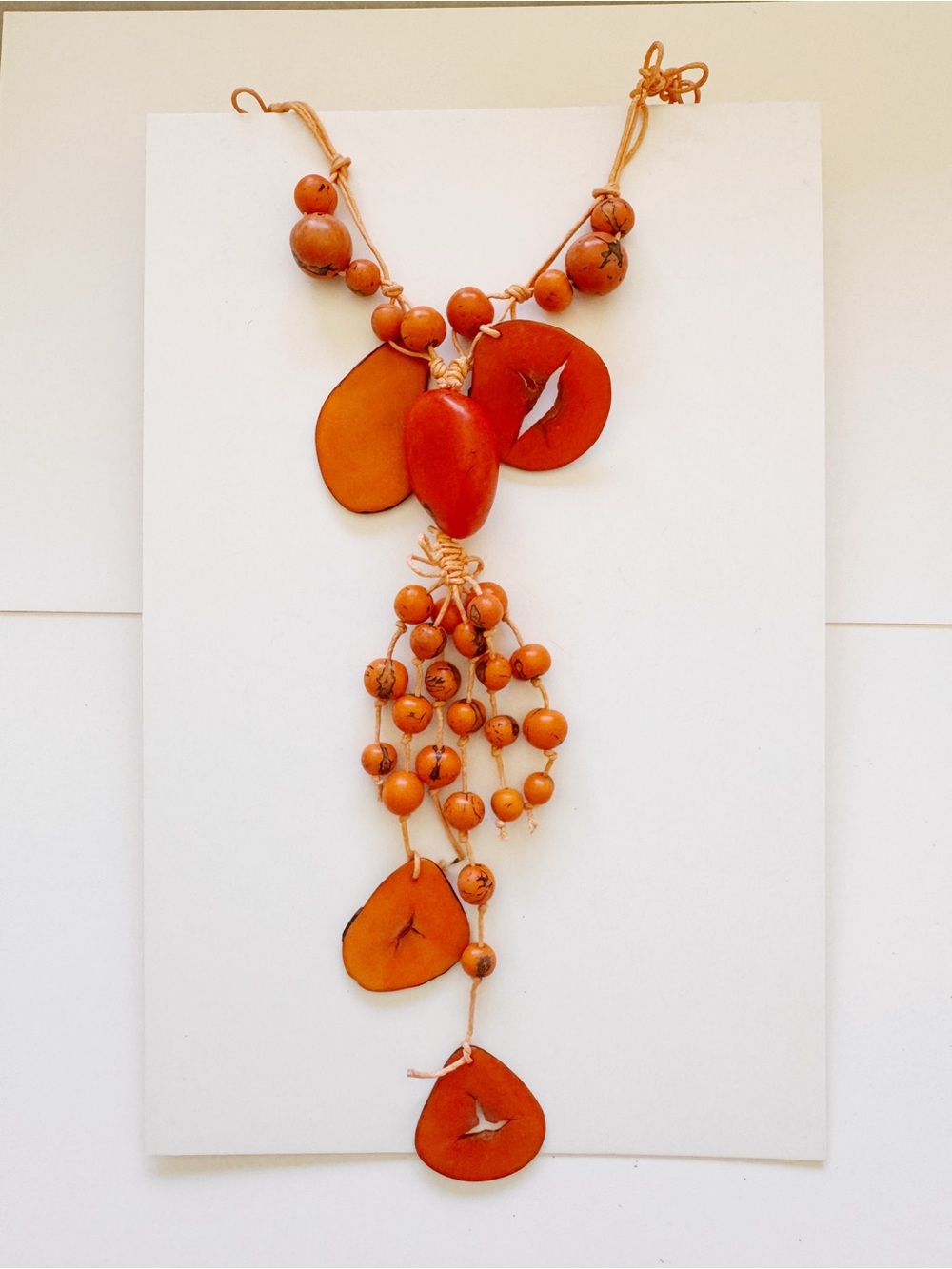 Bold Orange Beaded Tassel Necklace with Organic Pendant - Women Jewelry